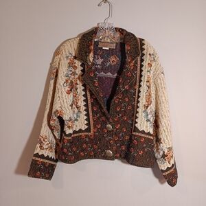 Vintage-Inspired Floral Knit Jacket - Brown & Cream
